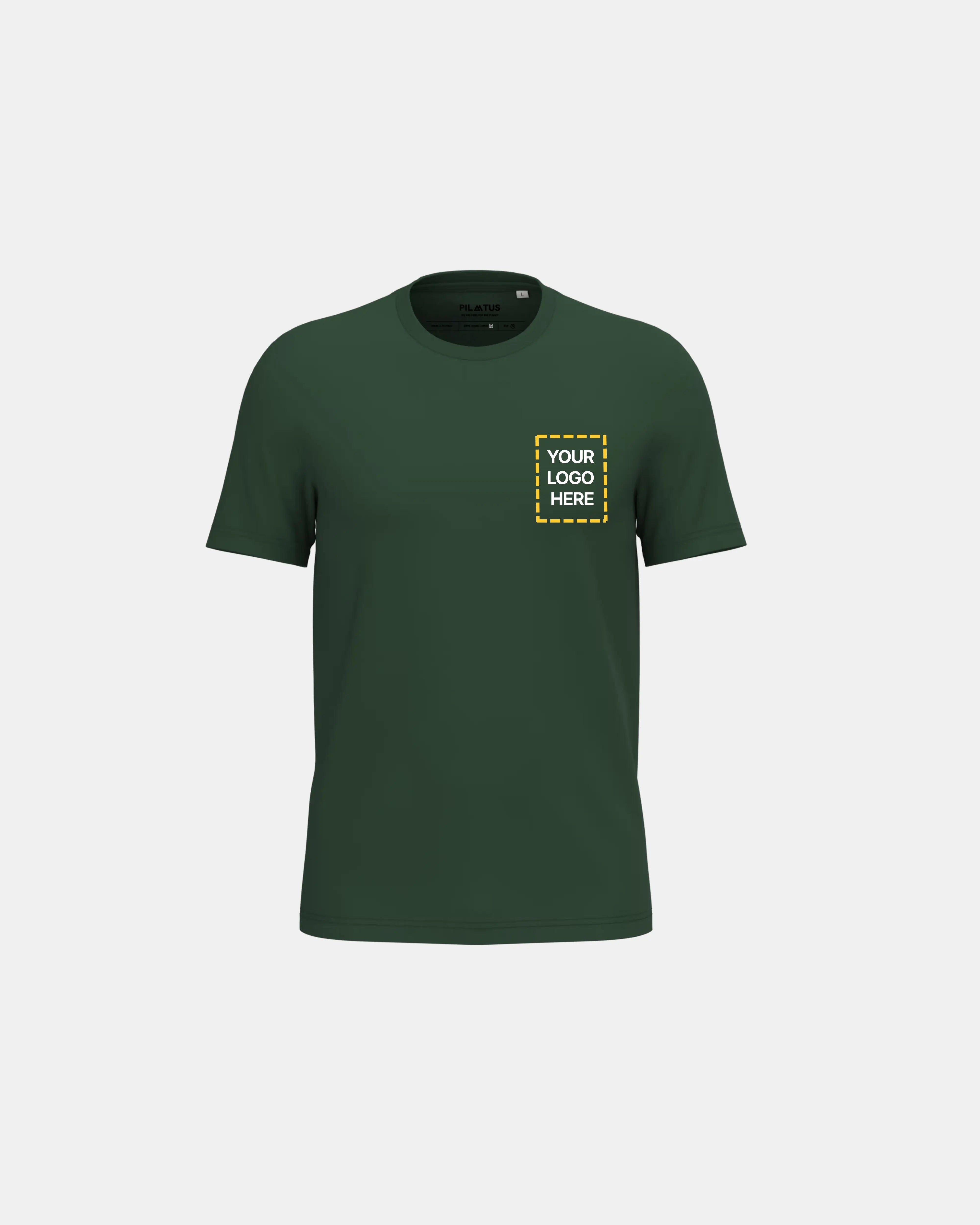 Camiseta verde corporativa con un cuadrado en el lado izquierdo para poner el logo de la empresa.