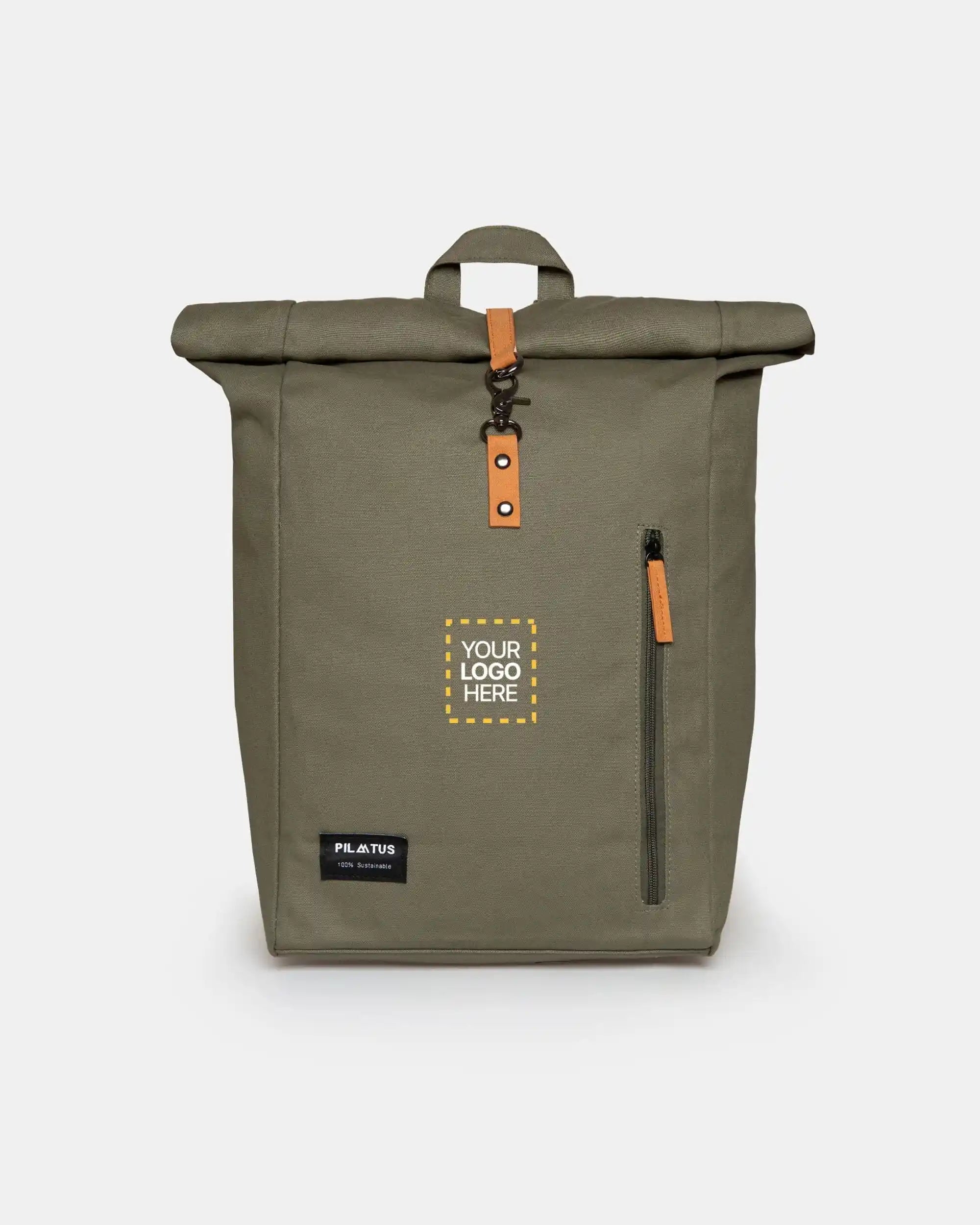 Mochila personalizada Eco Bag en militar green marca Pilatus Brand con espacio para logotipo corporativo
