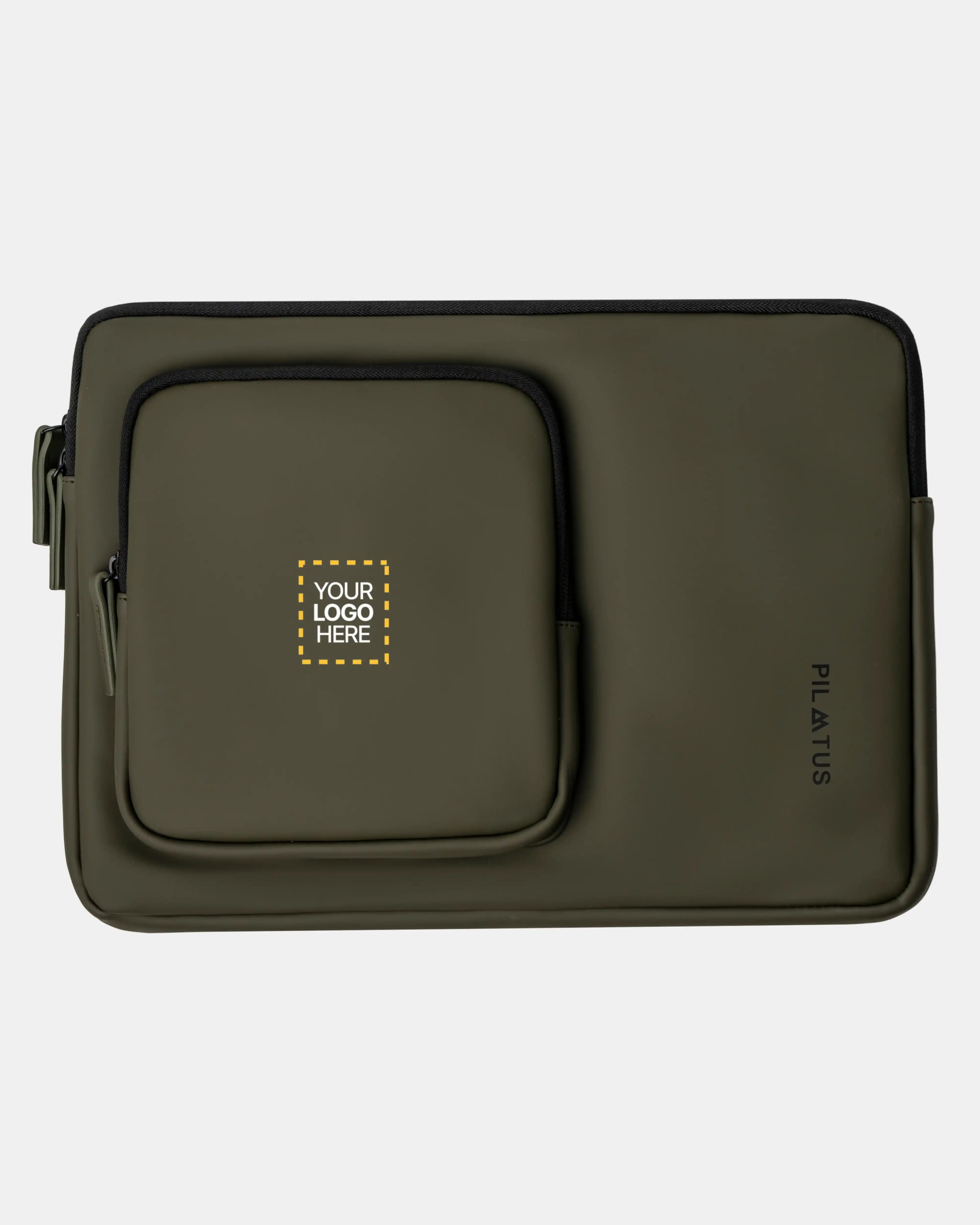 Funda de ordenador Urban personalizada green militar marca Pilatus Brand con espacio para logotipo corporativo