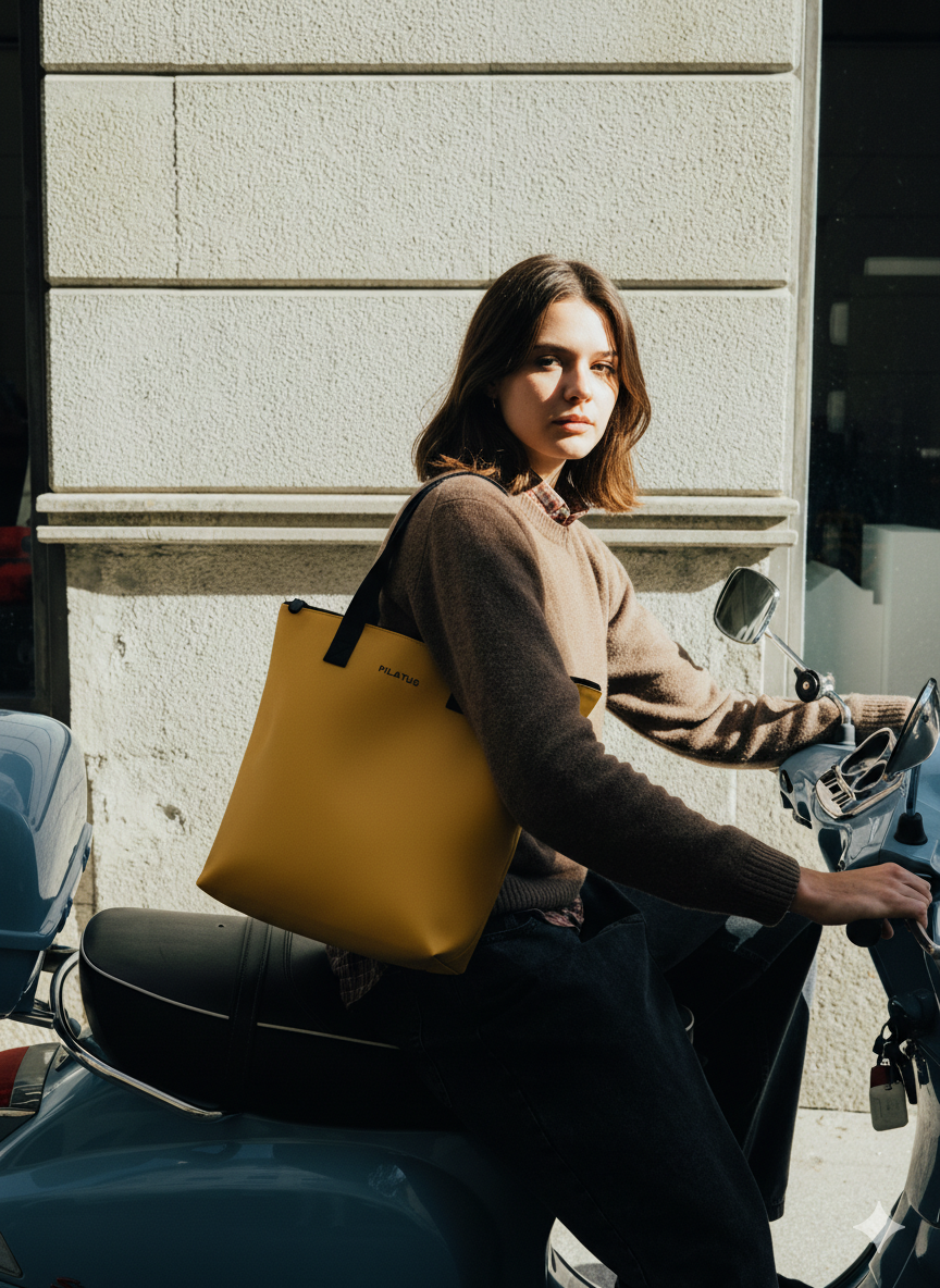 Chica morena montada en una moto con la shopper bag amarilla