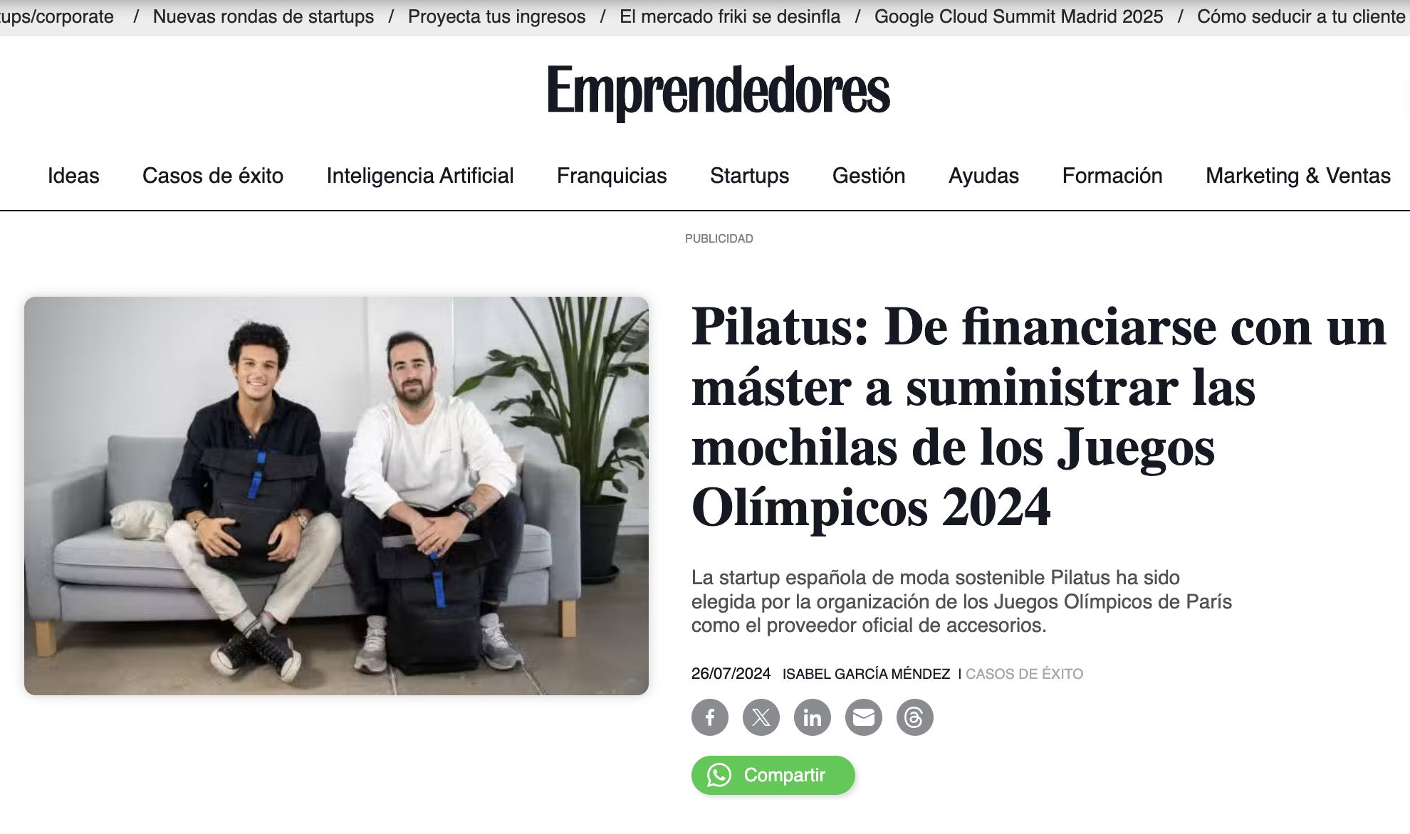 Pilatus en Emprendedores: mochilas para JJOO 2024 como merchandising corporativo