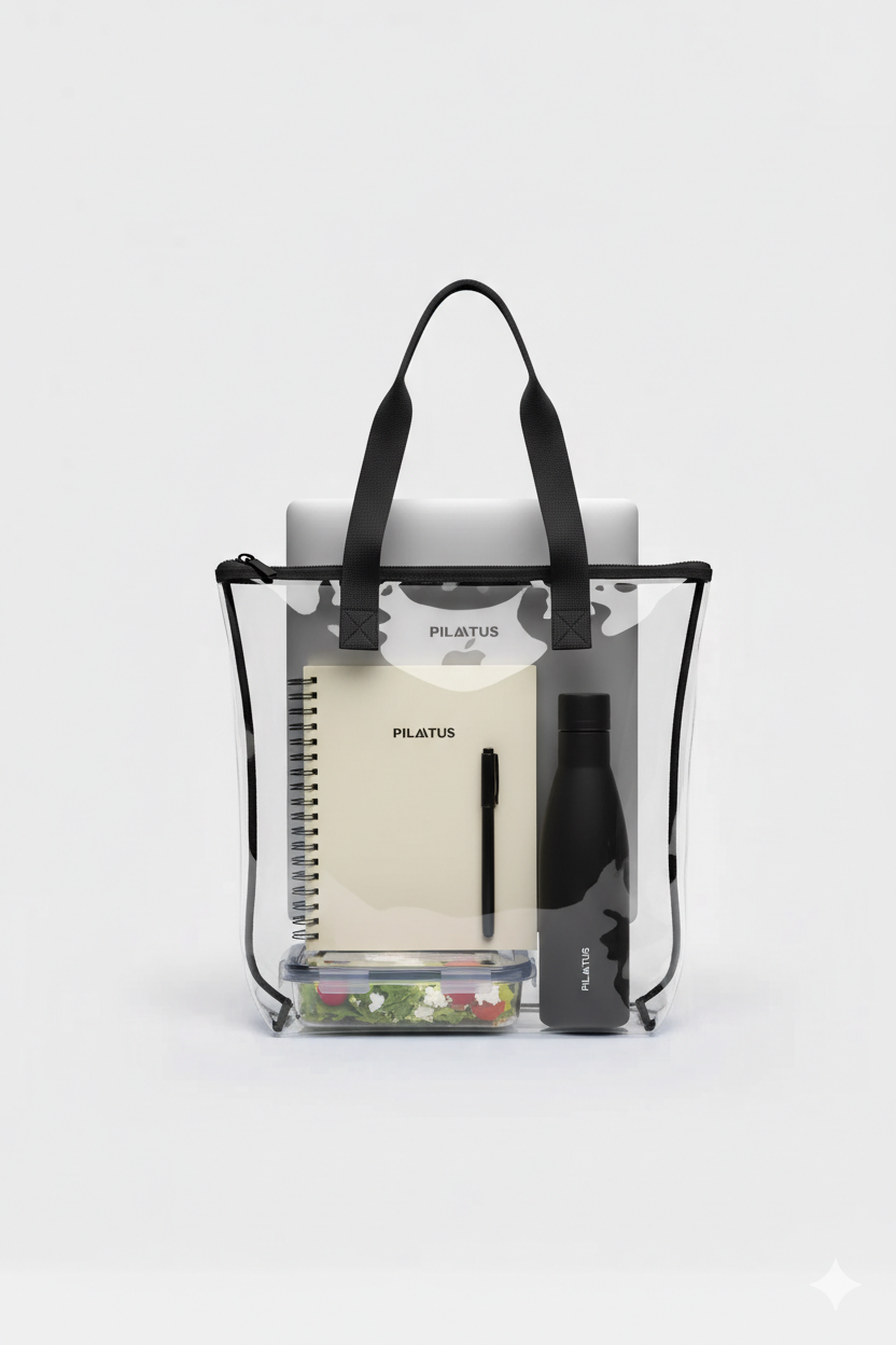 Shopper bag transparente con tupper, libreta, bolígrafo, botella de agua y ordenador dentro.