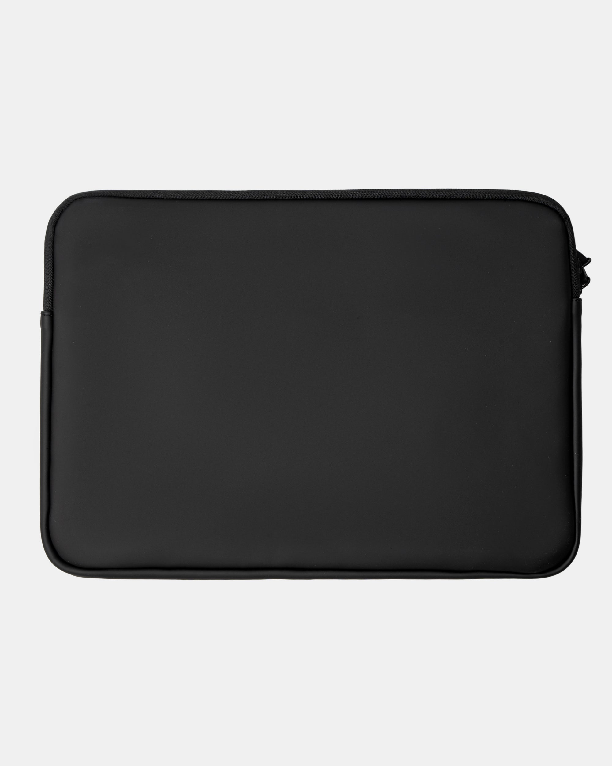 Funda rígida rectangular negra con esquinas redondeadas y cremallera superior, sobre fondo gris claro, vista frontal centrada