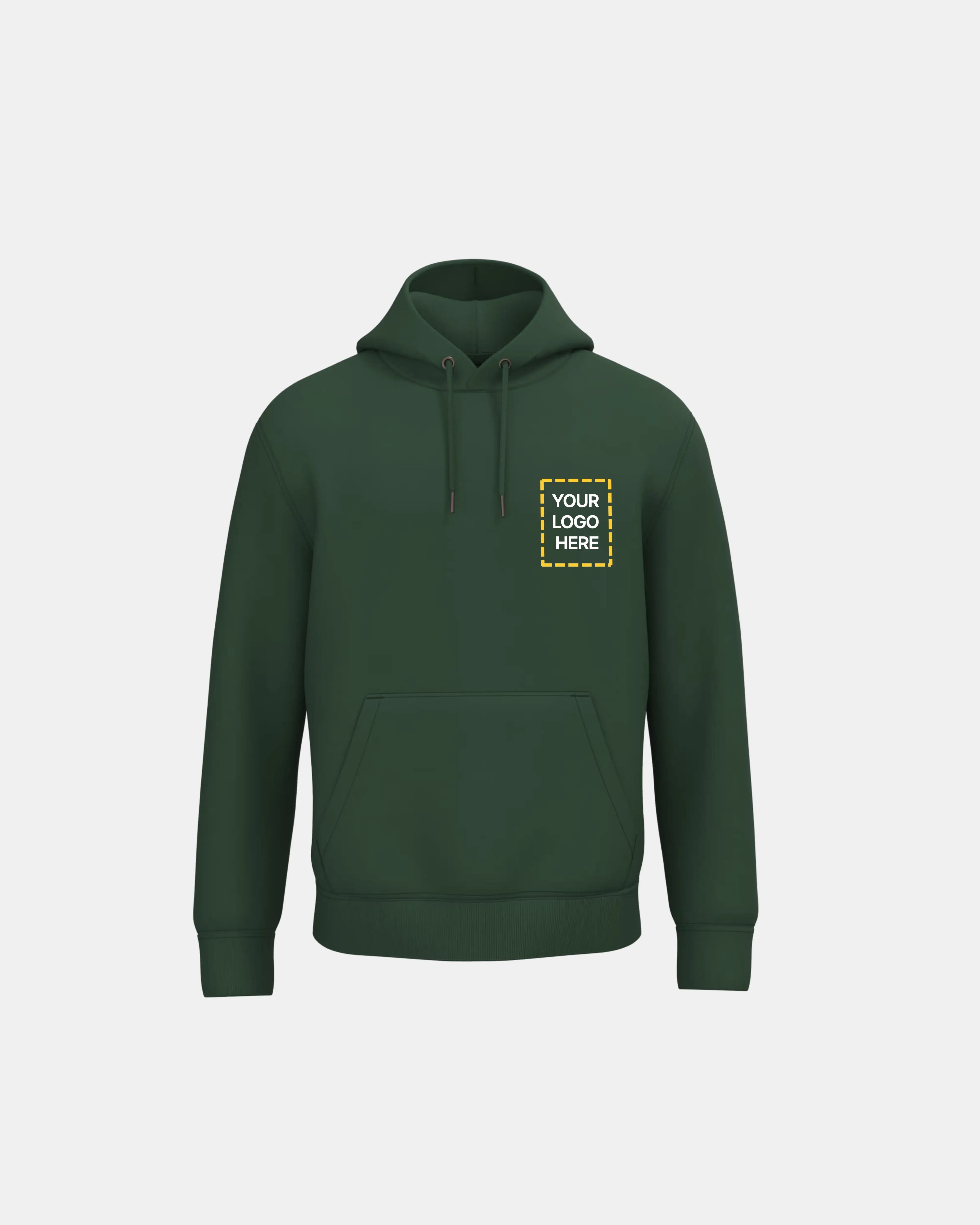 Sudadera verde corporativa para empleados con un cuadrado en el lado izquierdo para poner el logo de la empresa.
