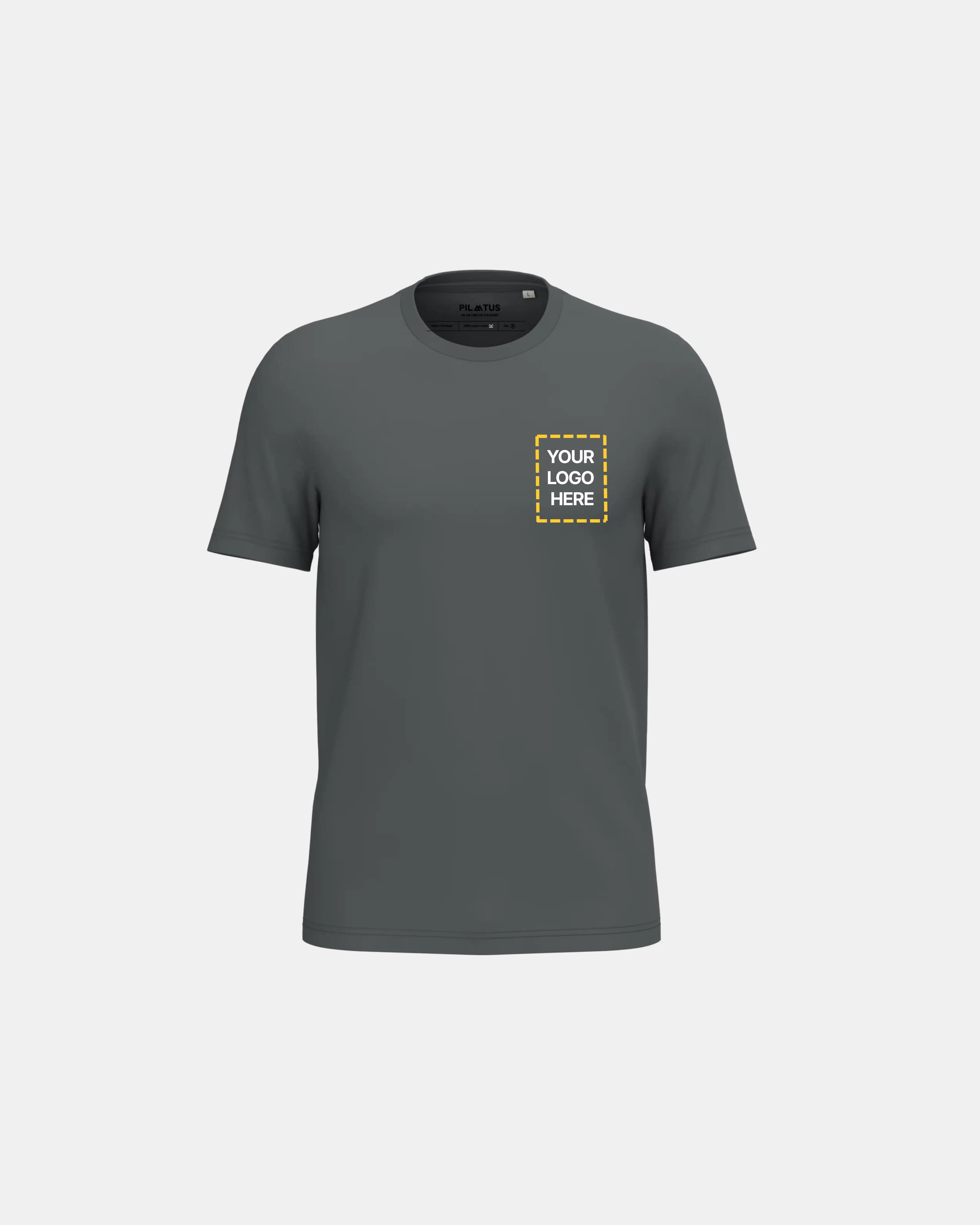 Camiseta gris corporativa con un cuadrado en el lado izquierdo para poner el logo de la empresa.