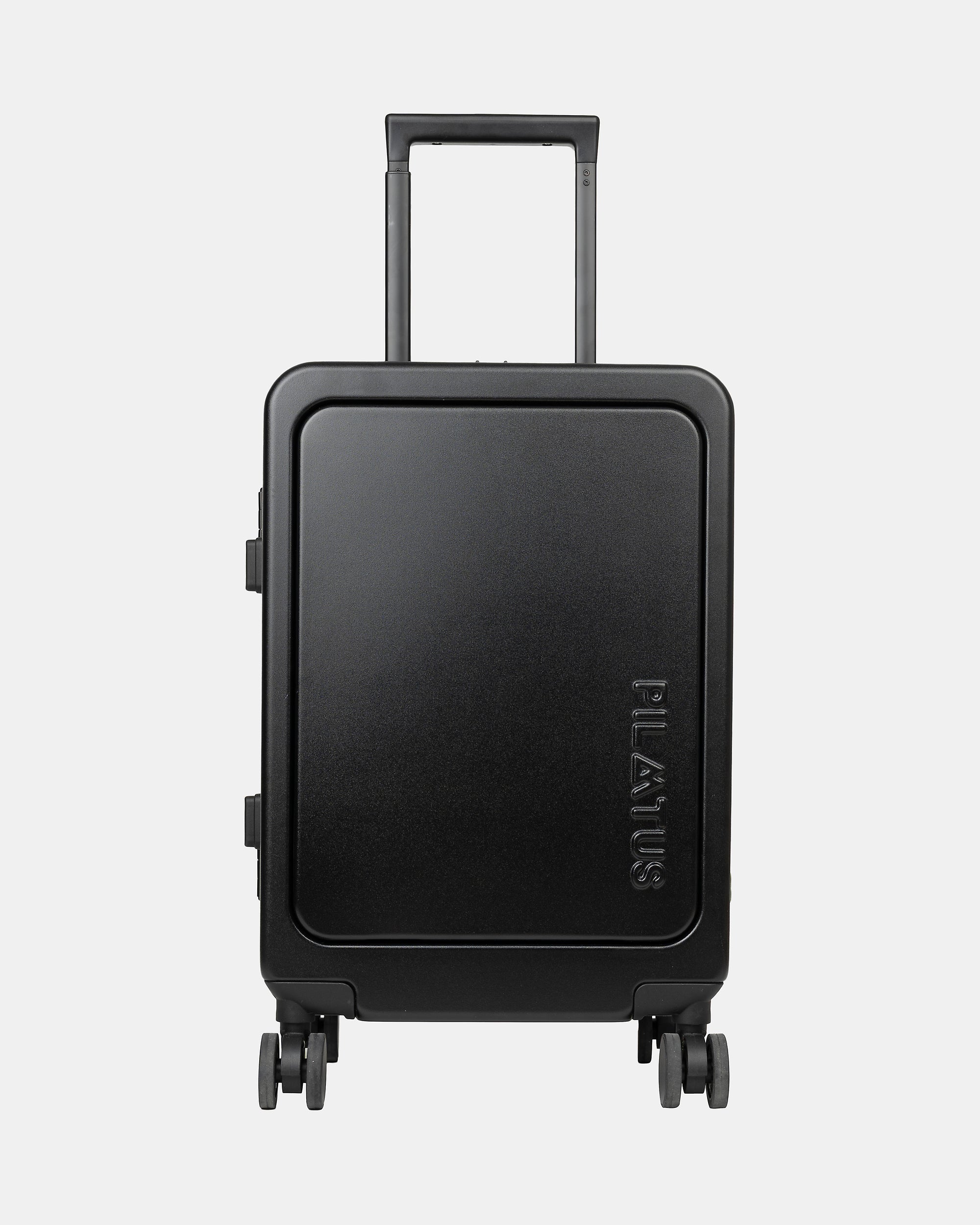 Maleta rígida negra con asa telescópica extendida y ruedas dobles, diseño rectangular minimalista. Texto: PILATUS