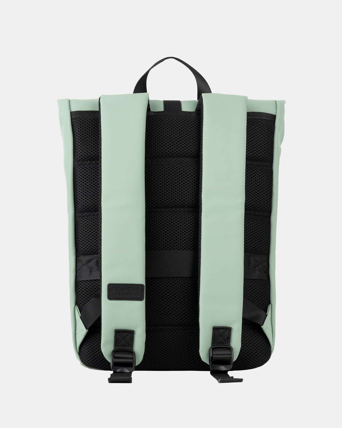 Mochila: respaldo de malla negra y tirantes acolchados color menta; asa superior negra y hebillas inferiores. Texto: PILATUS