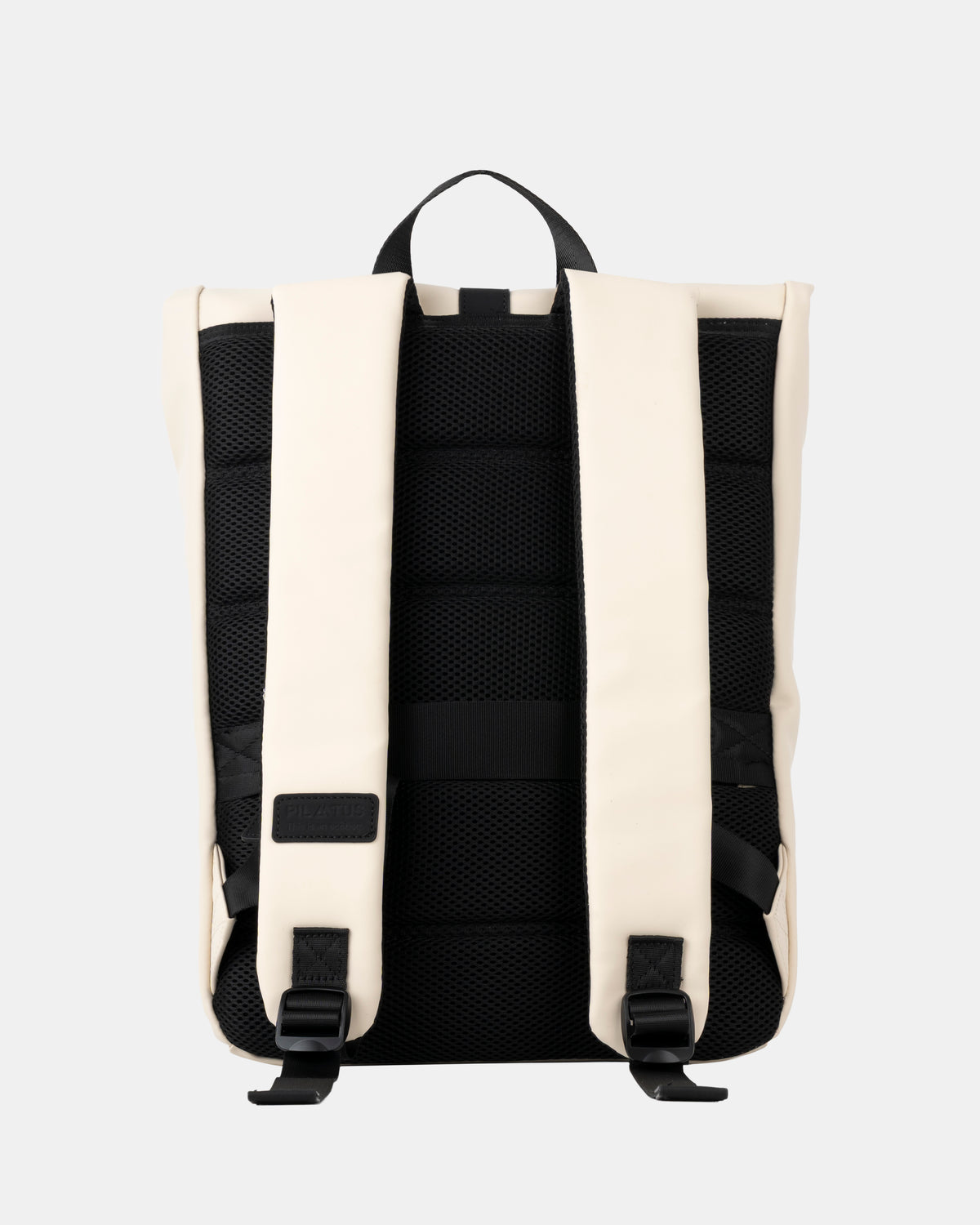 Mochila blanca con tirantes acolchados y panel trasero de malla negra; asa superior y hebillas de ajuste inferior