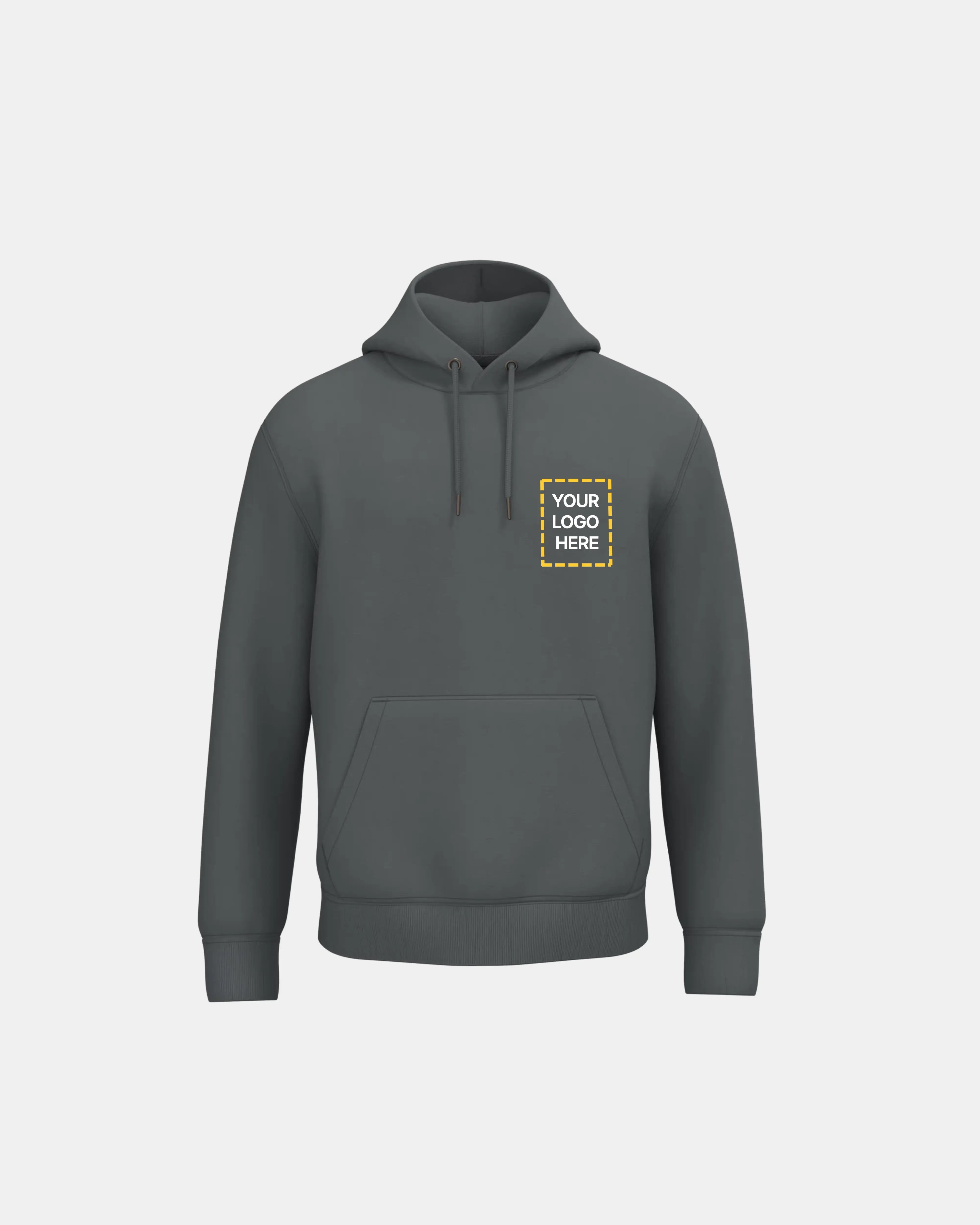 Sudadera gris corporativa para empleados con un cuadrado en el lado izquierdo para poner el logo de la empresa.