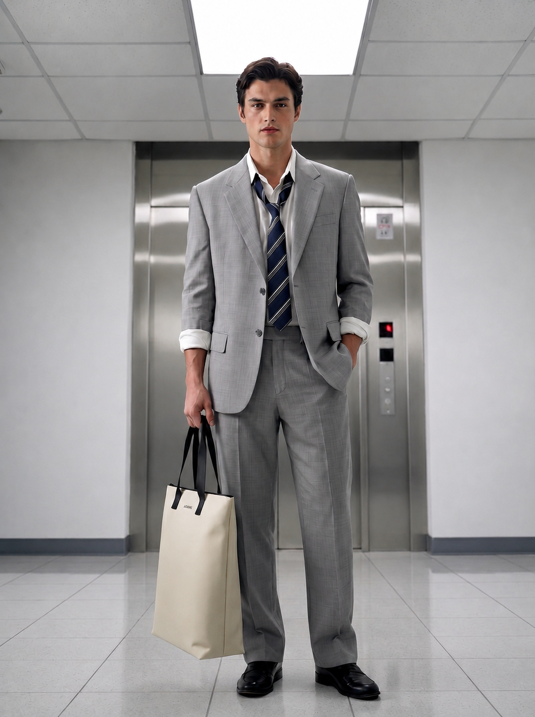 Bolsa tote beige con asas negras, sostenida por un hombre con traje gris y corbata desajustada. Texto: PILATUS