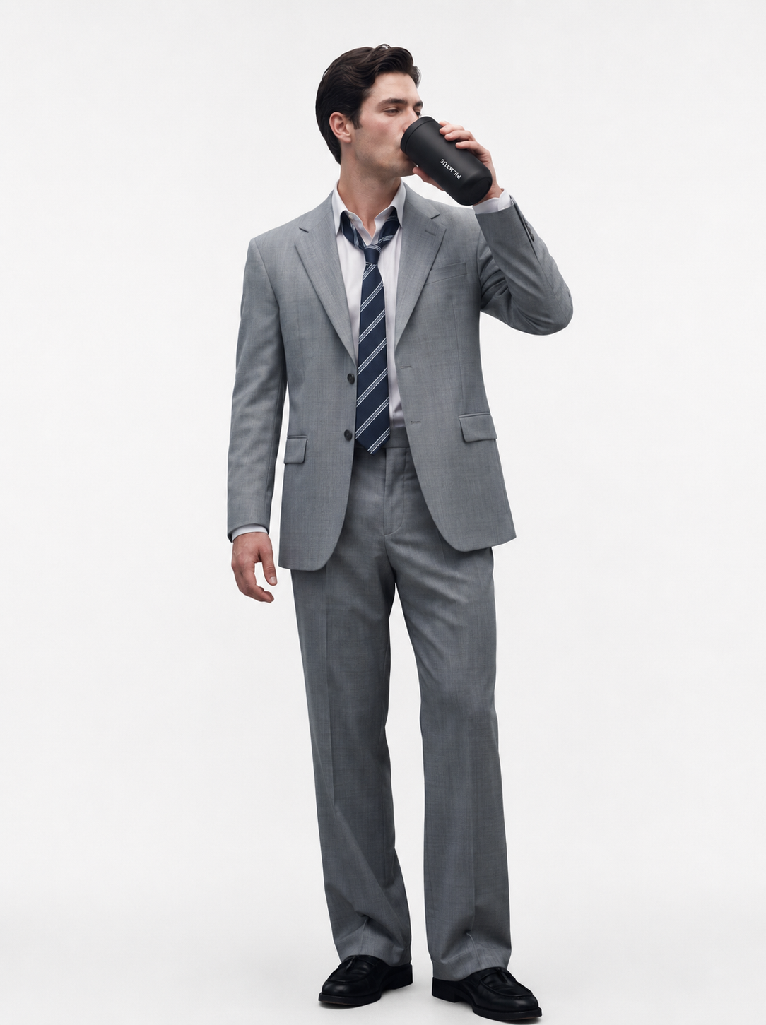 Vaso térmico negro con la marca PILATUS; hombre con traje gris y corbata desabrochada bebiendo