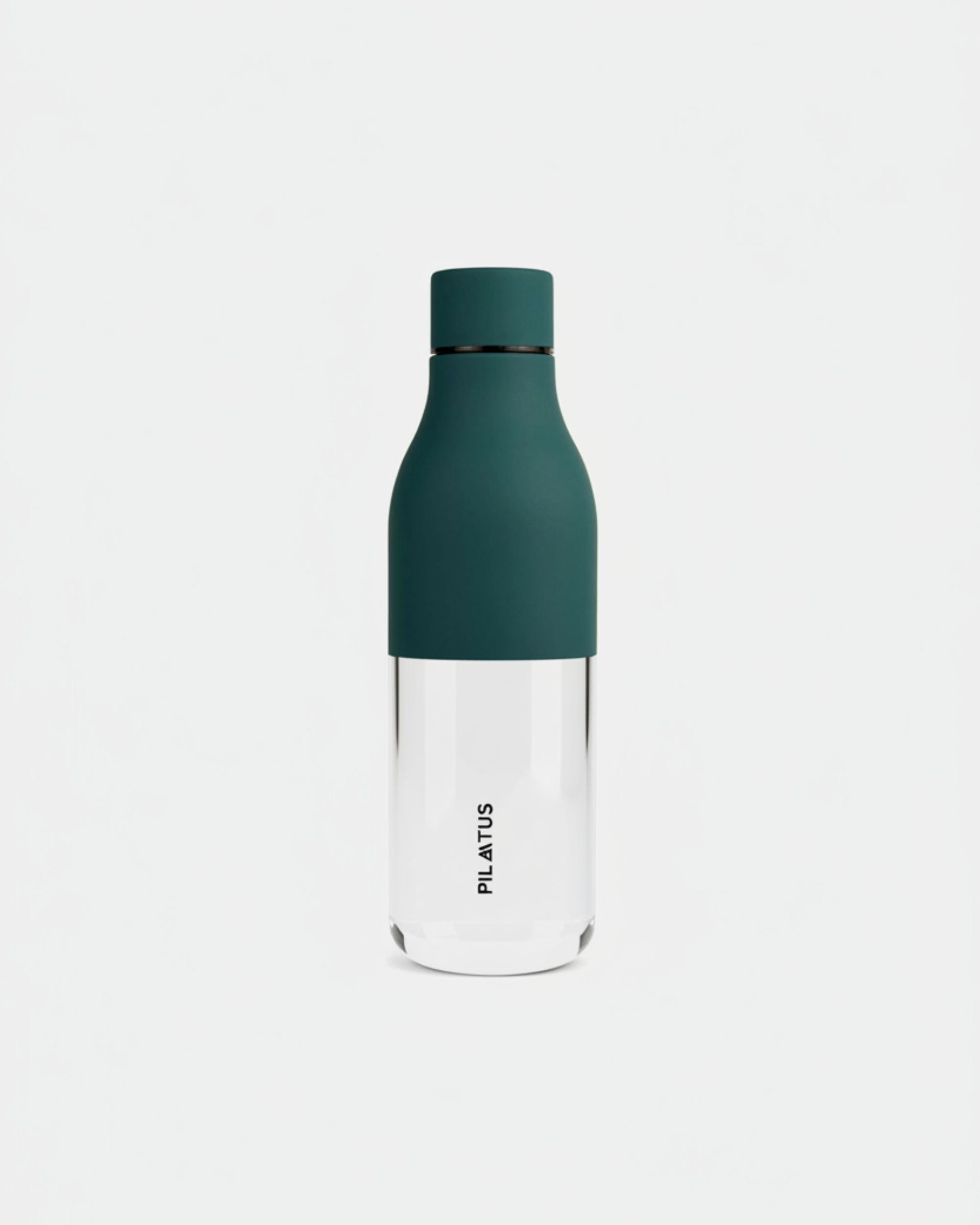 Botella térmica con funda y tapón verde oscuro, cuerpo de vidrio transparente. Texto: PILATUS