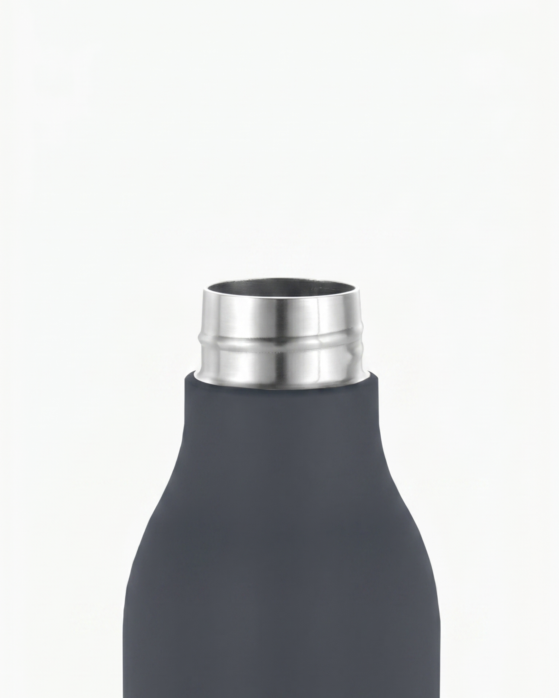 Botella térmica de acero inoxidable con boca ancha y borde metálico, cuerpo exterior mate gris oscuro