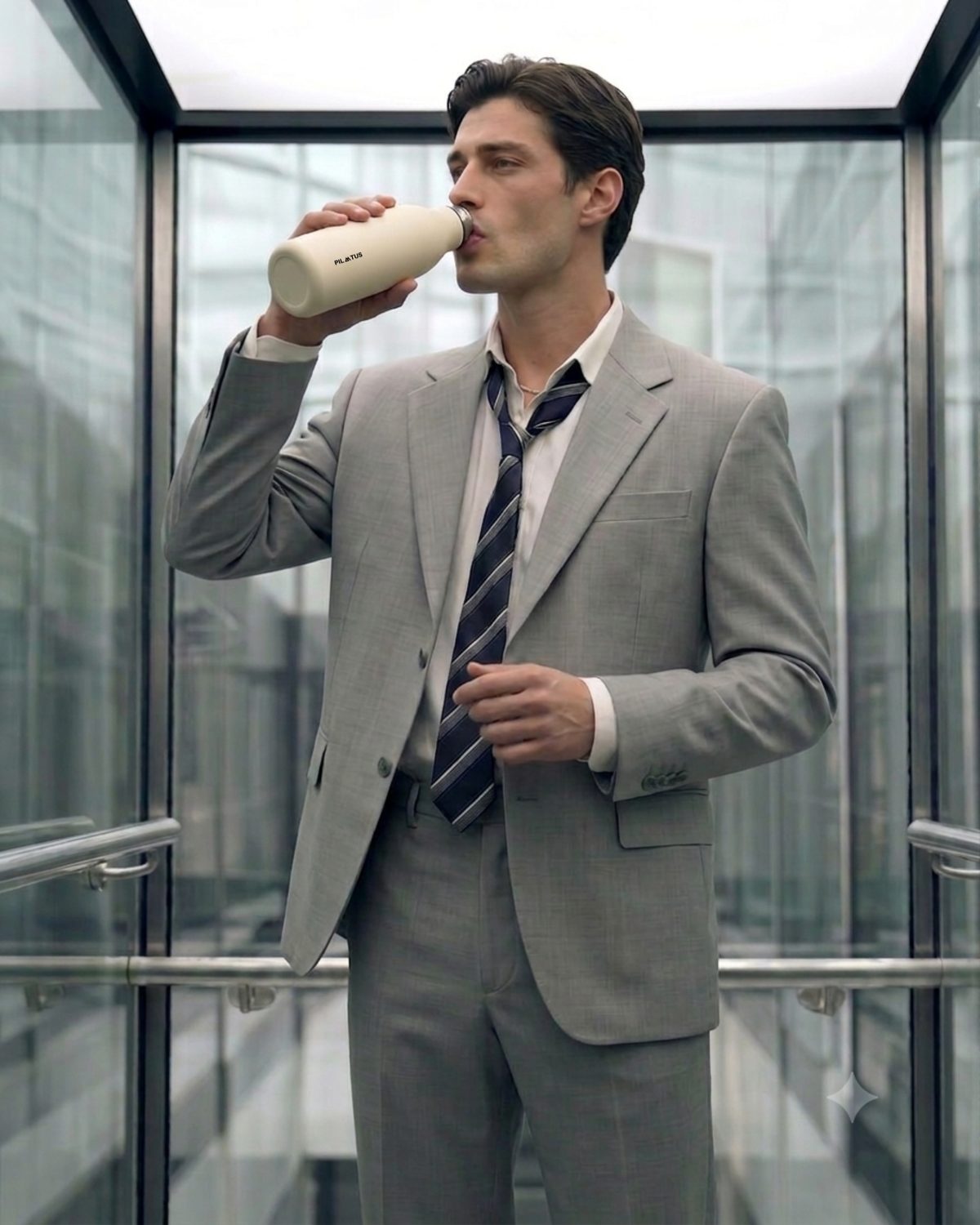 Botella color crema con texto PILATUS; hombre de traje gris la bebe dentro de un ascensor de vidrio en un edificio