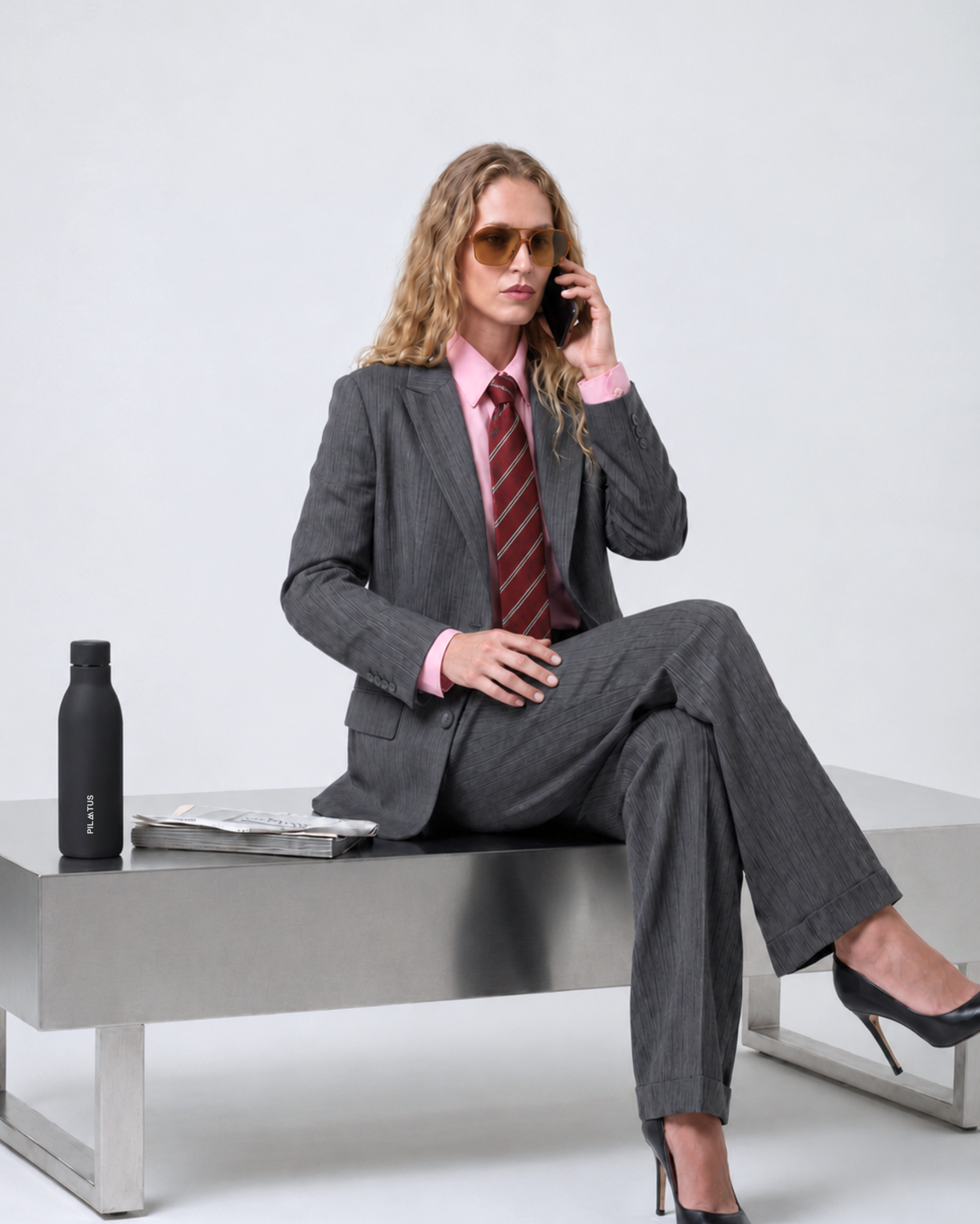 Botella térmica negra sobre mesa; mujer en traje gris, corbata roja y gafas, sentada hablando por teléfono. Texto: PILATUS