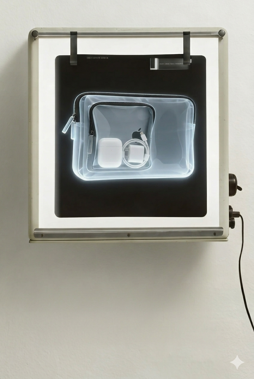 Estuche transparente con estuche de AirPods y cable enrollado, visible en placa de rayos X montada en un negatoscopio fijado