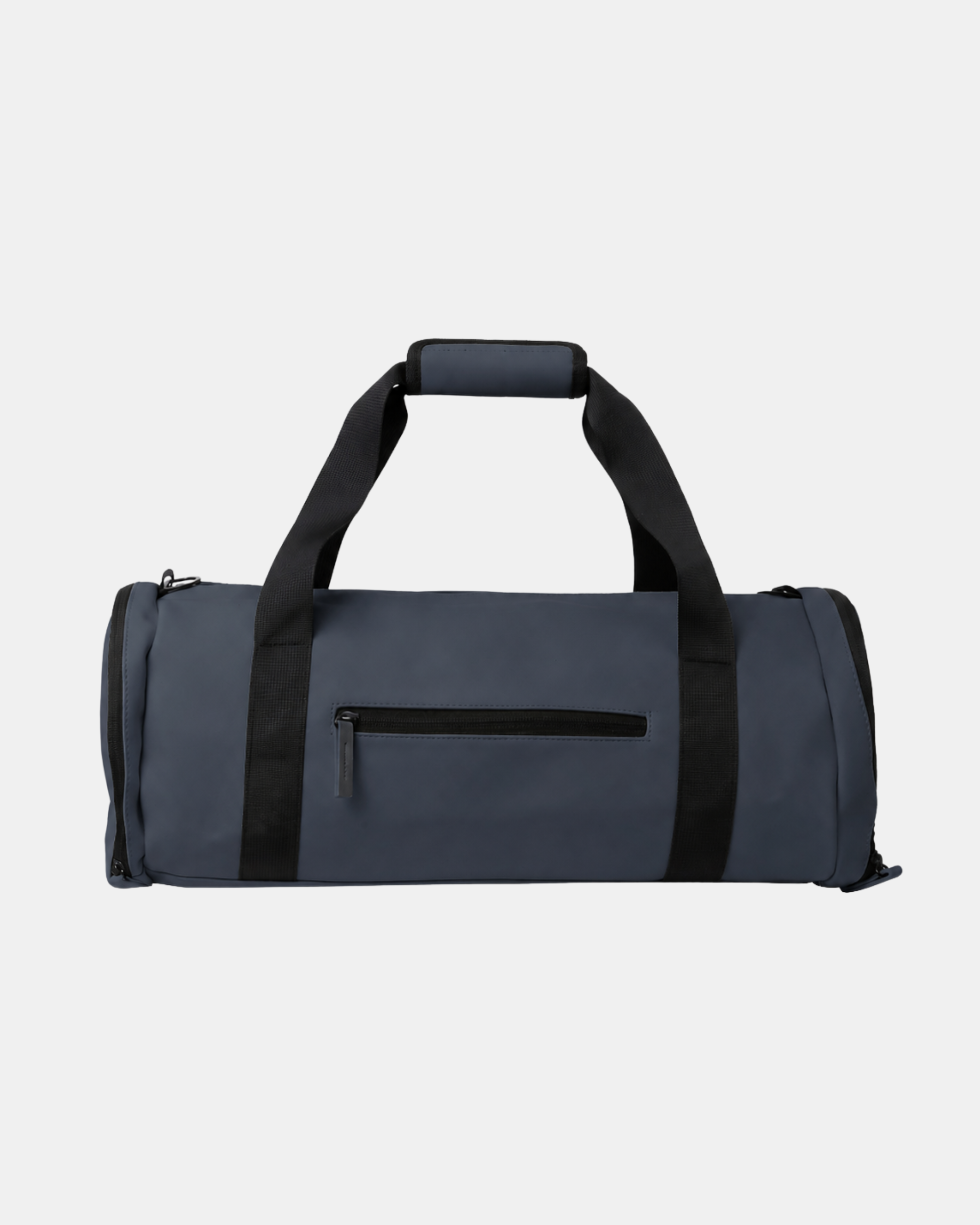 Bolsa de viaje azul marino con asas negras y empuñadura acolchada; bolsillo frontal con cremallera visible