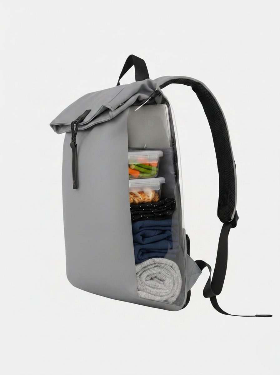 Mochila gris con panel lateral transparente; interior organizado con fiambreras, ropa doblada y toalla, tirantes acolchados