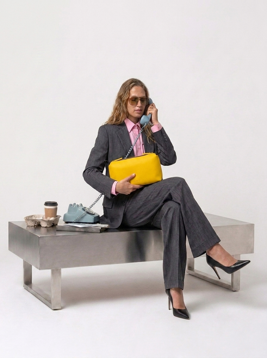 Bolso amarillo sostenido por mujer; ella, con traje gris y camisa rosa, sentada en banco metálico
