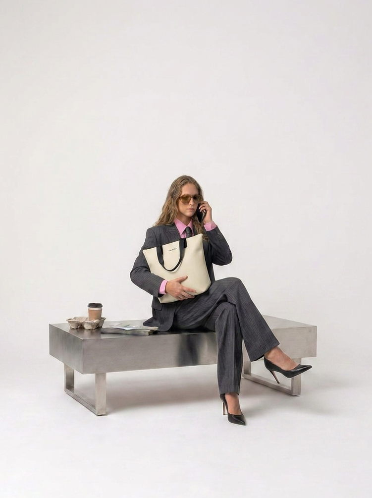 Bolso tote crema con asas negras y logo PILATUS; mujer con traje gris y camisa rosa, gafas, sentada en banco metálico