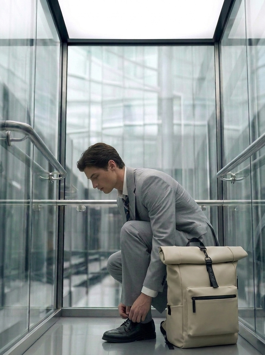 Mochila roll-top beige con tirador negro (texto: PILATUS) junto a un hombre con traje atándose el zapato en un ascensor