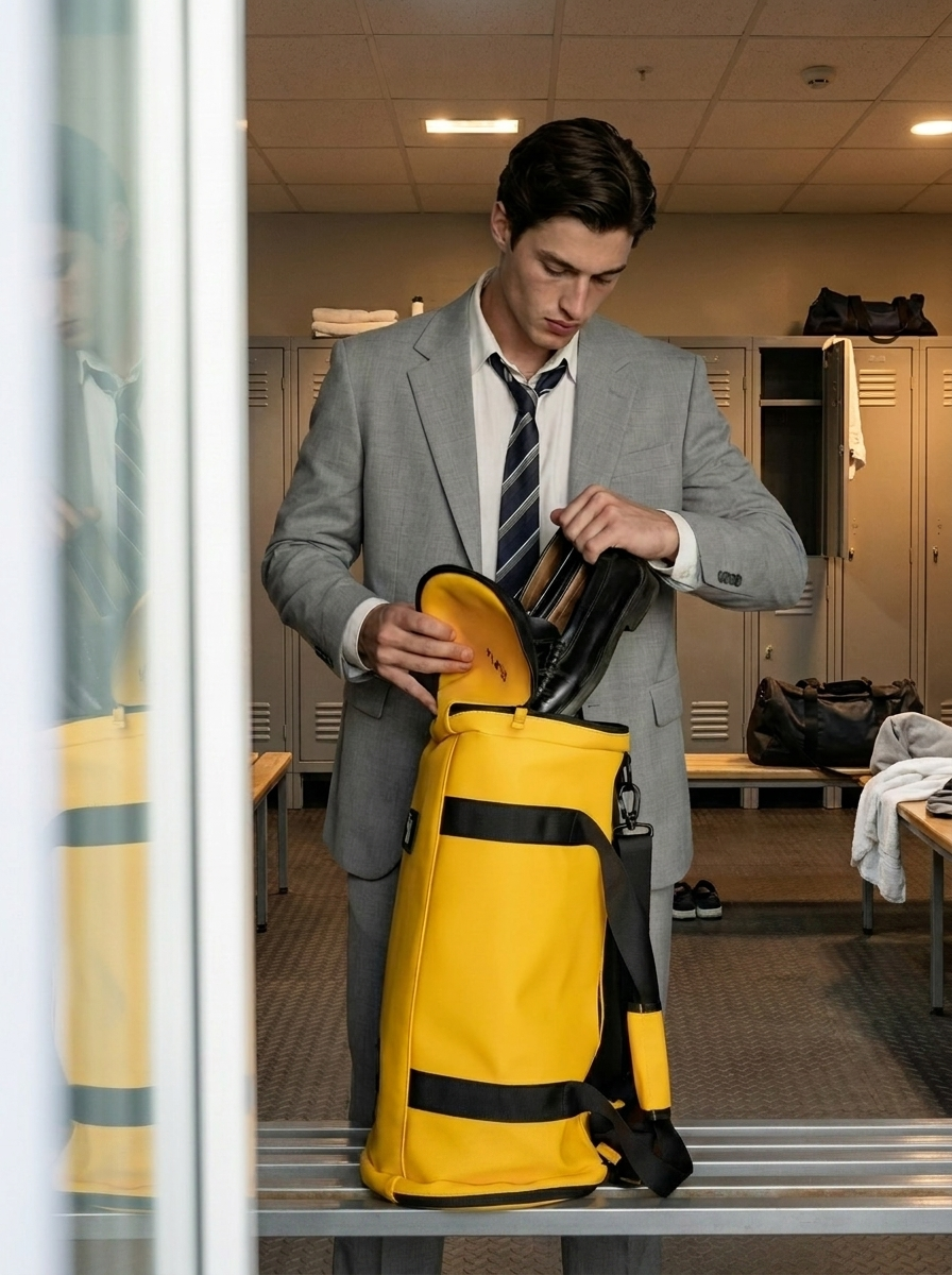 Bolsa amarilla vertical con tirantes negros, abierta mientras un hombre de traje guarda zapatos negros