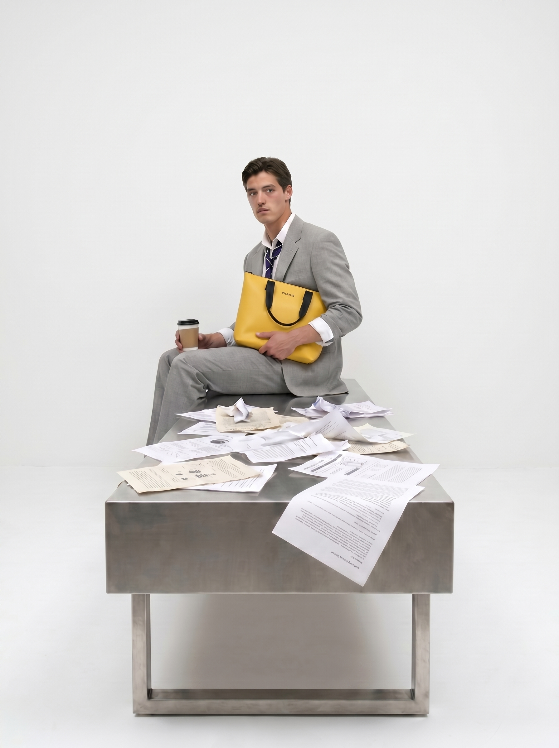 Bolso amarillo PILATUS sostenido por hombre de traje gris; sujeta un vaso de café, sentado sobre mesa metálica con papeles