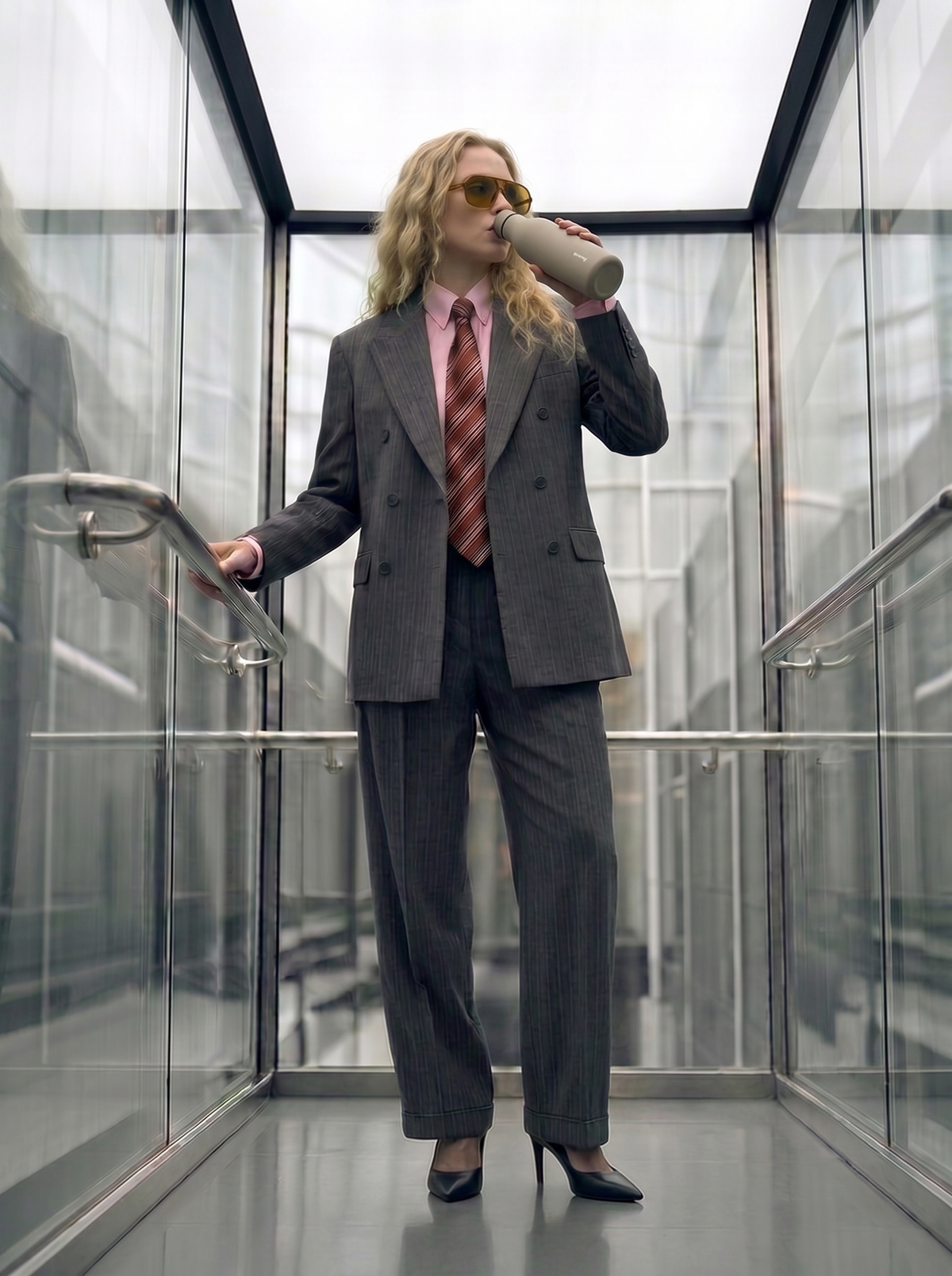 Botella térmica beige en mano; persona con traje gris a rayas, camisa rosa y corbata, gafas amarillas