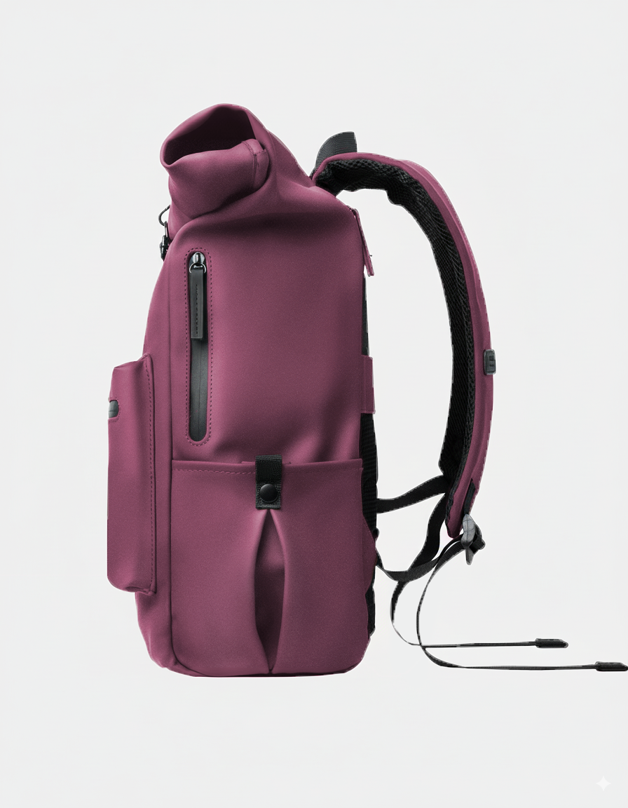Mochila burdeos roll-top con cierre enrollable; bolsillo vertical con cremallera, bolsillo lateral y dos compartimentos