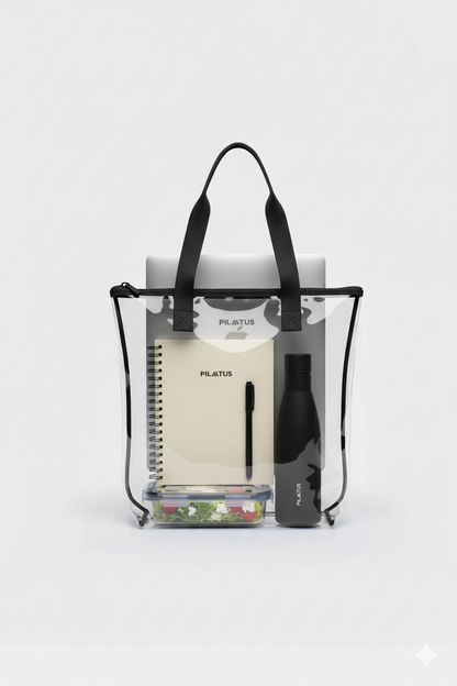 Shopper bag transparente con bolígrafo, libreta, botella de agua, tupper y ordenador.