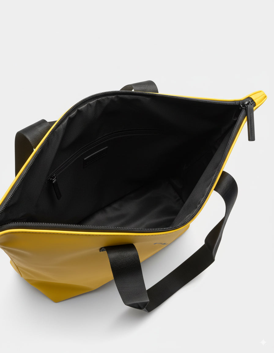 Bolso tote amarillo con cremallera, interior negro espacioso y bolsillo interior con cierre; asas negras planas