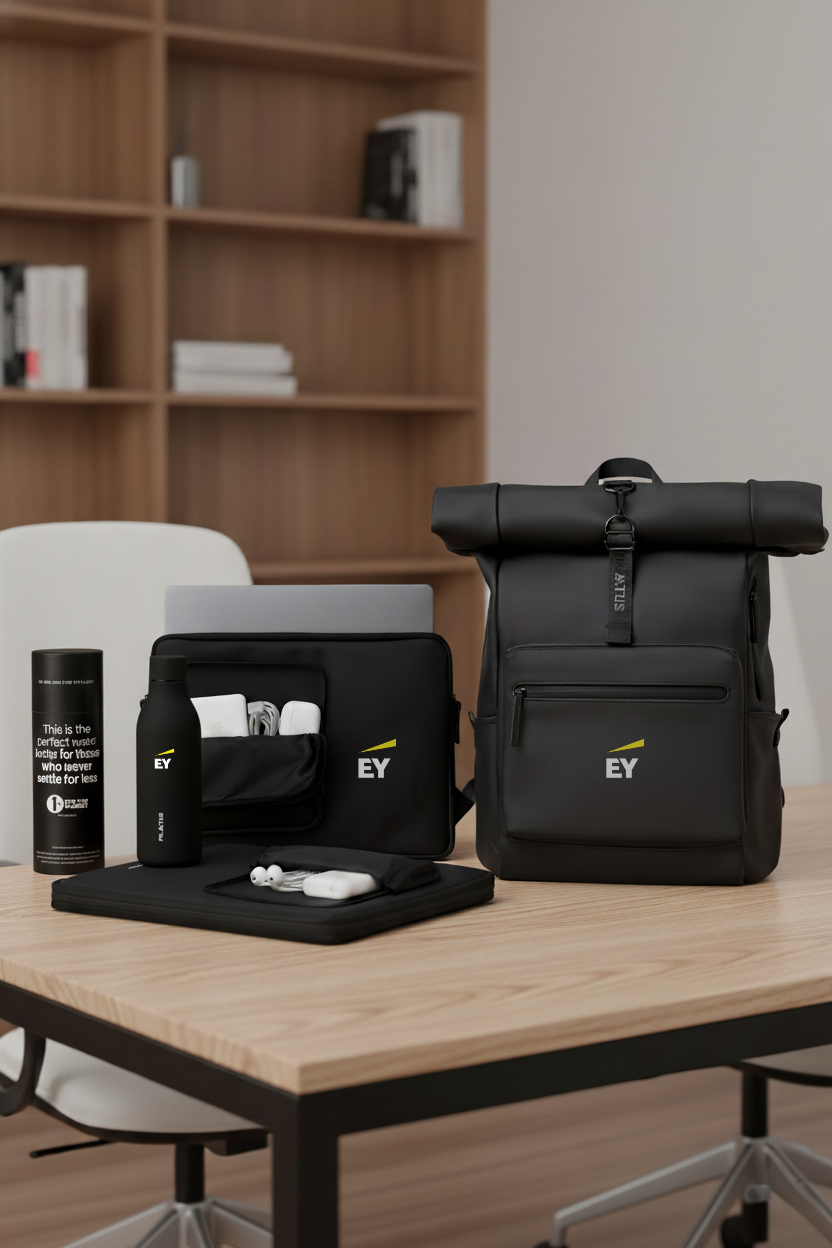 Welcome Pack con mochila urban, funda sleeve y botella de pilatus personalizado con el logotipo de la empresa EY.