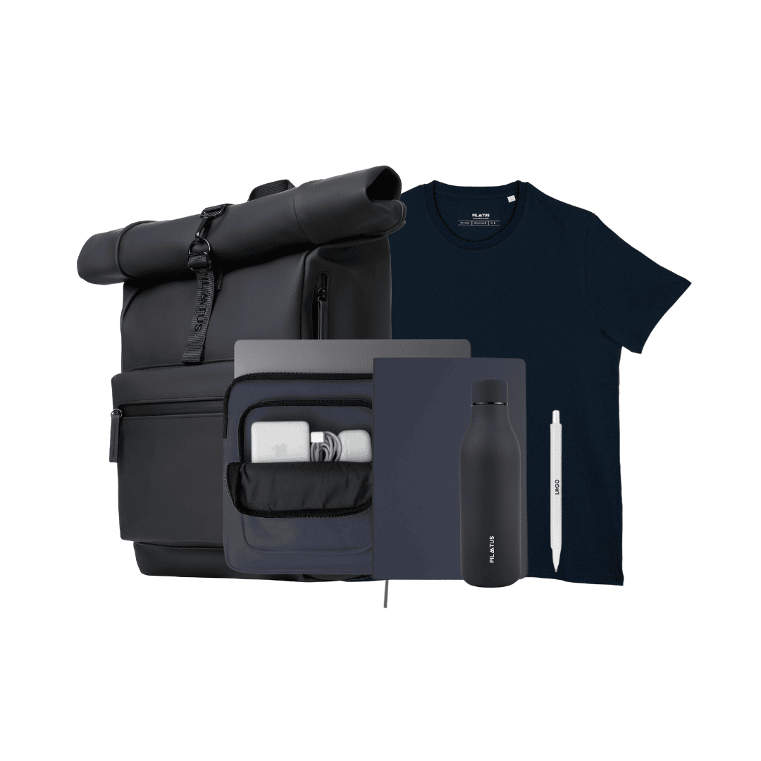 Welcome pack empleados con la mochila urban backpack, funda de ordenador sleeve, una camiseta, una libreta y un bolígrafo personalizado. 